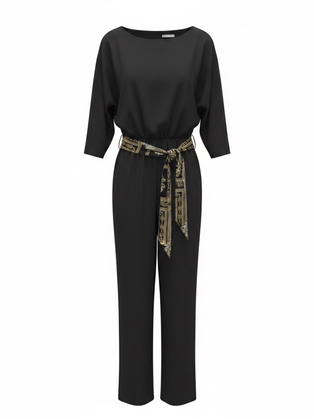 Black Jumpsuit with Patterned Gold Tie Belt